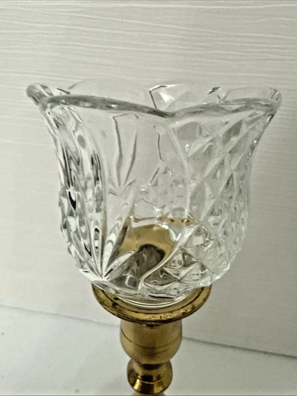 Homco Tulip Diamond Clear Votive Holder on Heavy Brass Candlestick Holder 10.75